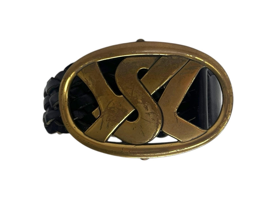 YVES SAINT LAURENT イヴサンローラン YSL ロゴ バックル ベルト ブラック レザー メッシュ 141516 ゴールド金具 小物 良品 中古 4b000533