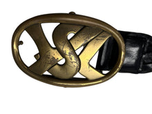 画像をギャラリービューアに読み込む, YVES SAINT LAURENT イヴサンローラン YSL ロゴ バックル ベルト ブラック レザー メッシュ 141516 ゴールド金具 小物 良品 中古 4b000533