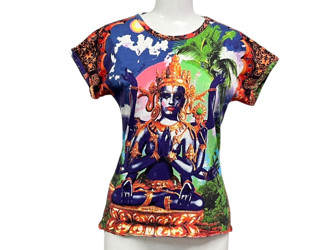 Jean Paul GAULTIER FEMME ジャンポールゴルチェ フェム 半袖Tシャツ サイズ40 破壊と創造の神シヴァ インド神話 マルチカラー 美品 中古 4b000680