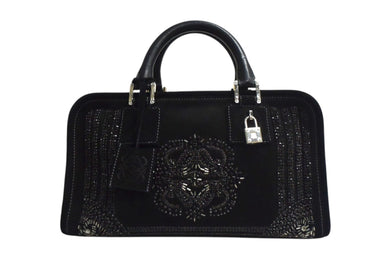 LOEWE ロエベ ビジュー アマソナ30 ハンドバッグ アナグラムロゴ スウェード レザー ブラック 黒 シルバー金具 美品 中古 4b000837