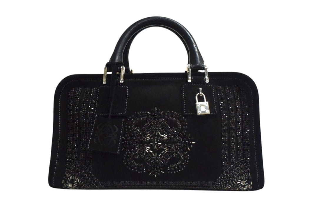 LOEWE ロエベ ビジュー アマソナ30 ハンドバッグ アナグラムロゴ スウェード レザー ブラック 黒 シルバー金具 美品 中古 4b000837