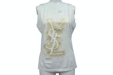 YVES SAINT LAURENT イヴサンローラン タンクトップ ノースリーブ YSL ロゴ コットン ホワイト ゴールド サイズS 良品 中古 4b001850