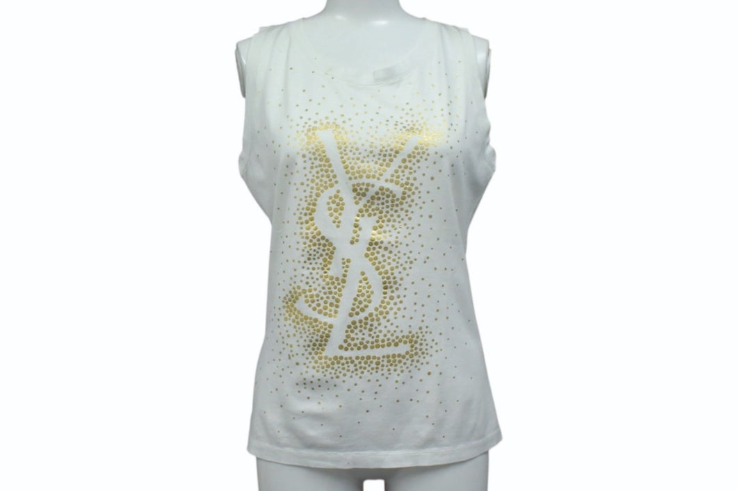 YVES SAINT LAURENT イヴサンローラン タンクトップ ノースリーブ YSL ロゴ コットン ホワイト ゴールド サイズS 良品 中古 4b001850