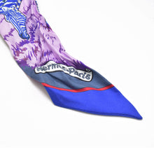 Load image into Gallery viewer, HERMES エルメス ツイリー レ ゼブル LES ZEBRES ゼブラ柄 リボン バンダナ フランス製 シルク パープル ブルー 美品 中古 4b010023