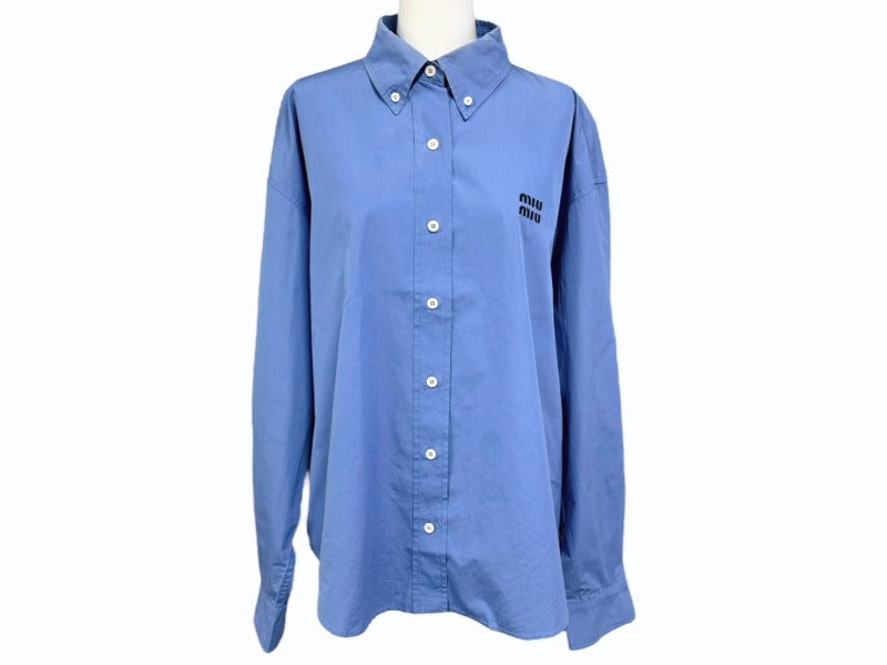 MIUMIU ミュウミュウ ポプリン 長袖ボタンダウンシャツ MK1626 サイズ40 ブルー オーバーサイズ ロゴ刺繍 美品 中古 4b001308