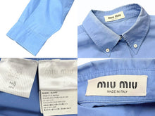 画像をギャラリービューアに読み込む, MIUMIU ミュウミュウ ポプリン 長袖ボタンダウンシャツ MK1626 サイズ40 ブルー オーバーサイズ ロゴ刺繍 美品 中古 4b001308