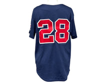 画像をギャラリービューアに読み込む, MAJESTIC マジェスティック ベースボールシャツ ユニフォーム 半袖 28 ポリエステル ネイビー レッド サイズYOUTH L 美品 中古 4b001407
