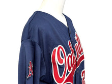 画像をギャラリービューアに読み込む, MAJESTIC マジェスティック ベースボールシャツ ユニフォーム 半袖 28 ポリエステル ネイビー レッド サイズYOUTH L 美品 中古 4b001407