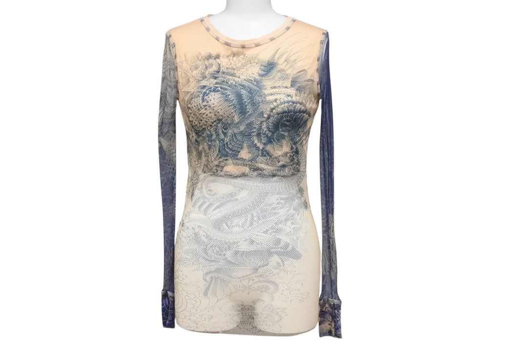 JEAN PAUL GAULTIER MAILLE FEMME ジャンポールゴルチェ マイユファム パワーネット 長袖トップス シアー タトゥー柄 サイズXS 美品 中古 4b001597