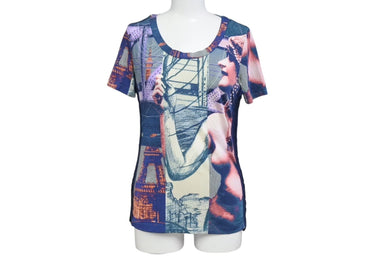 JEAN PAUL GAULTIER JPG ジャンポールゴルチエ パリス パワーネット 半袖トップス フリンジ 総柄 ネイビー サイズ40 美品 中古 4b001602