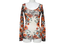 画像をギャラリービューアに読み込む, JEAN PAUL GAULTIER SOLEIL ジャンポールゴルチェ ソレイユ パワーネット 長袖トップス シアー 総柄 サイズS オレンジ 美品 中古 4b001603