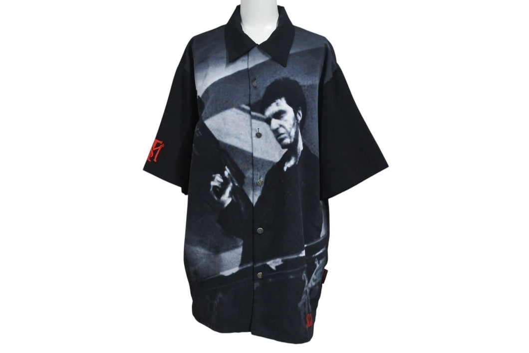 SCARFACE スカーフェイス 両面プリントオープンカラーシャツ アルパチーノ トニーモンタナ ブラック ホワイト サイズM 美品 中古 4b001606