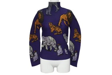 極美品 me ISSEY MIYAKE ミー イッセイミヤケ 長袖トップス MI83FJ611 フリーサイズ プリーツ ハイネック パープル アニマル柄 中古 4b001617