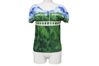 極美品 me ISSEY MIYAKE ミー イッセイミヤケ 丸首半袖トップス MI51FK406 フリーサイズ プリーツ ハリウッド 総柄 中古 4b001621