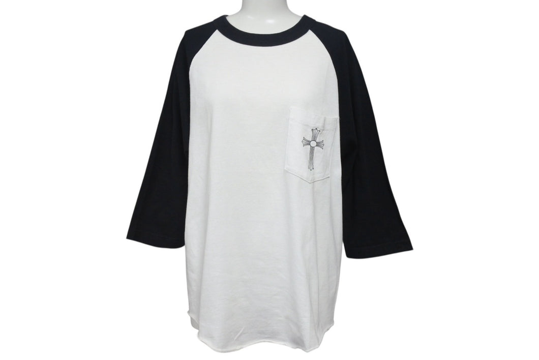 CHROME HEARTS クロムハーツ ラグラン 7部丈Tシャツ サイズM CHクロス セメタリークロス プリント ホワイト ブラック 美品 中古 4b001827