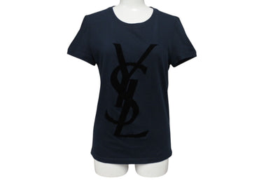 YVES SAINT LAURENT イヴサンローラン 半袖Ｔシャツ カサンドラロゴ ネイビー ブラック コットン サイズS 美品 中古 4b001946