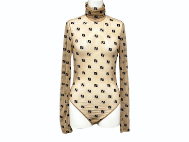 FENDI フェンディ シアー 長袖トップス FS7193 サイズ36 ハイネック ジップ FFロゴ 総柄 刺繍 ベージュ 美品 中古 4b002288