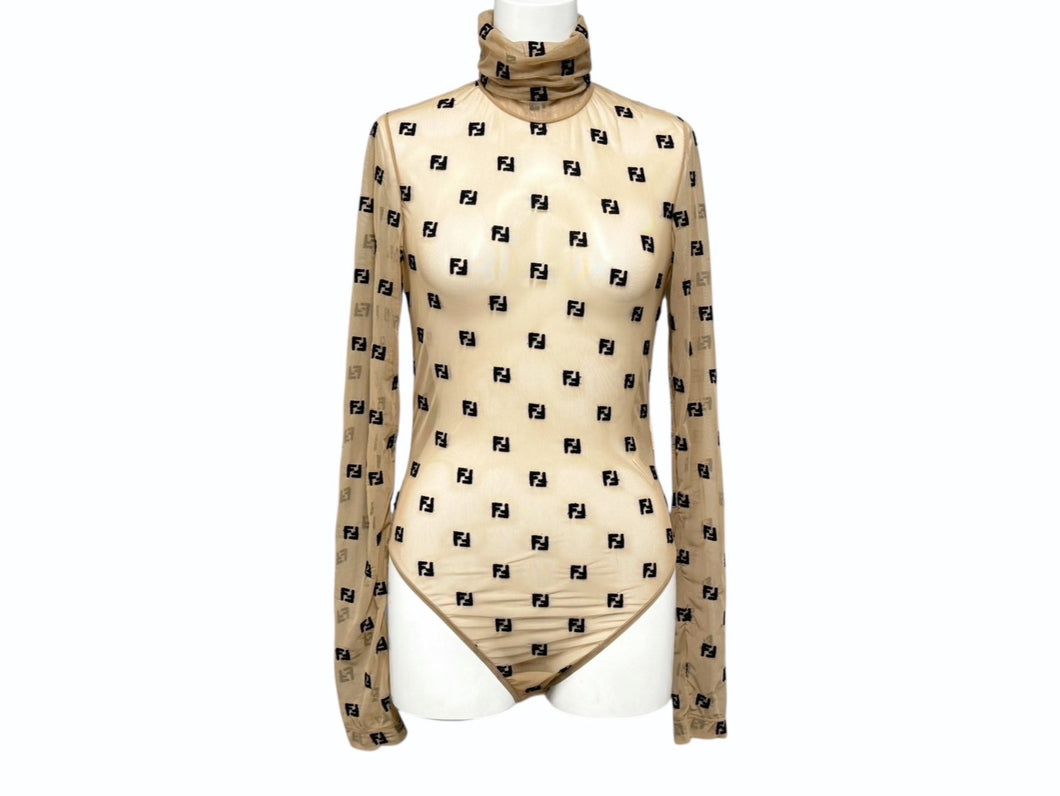 FENDI フェンディ シアー 長袖トップス FS7193 サイズ36 ハイネック ジップ FFロゴ 総柄 刺繍 ベージュ 美品 中古 4b002288