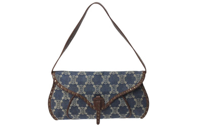 CELINE セリーヌ ワンショルダーバッグ マカダム柄 CE00/14 キャンバス レザー ブルー ブラウン アンティークゴールド金具 美品 中古 4b002560