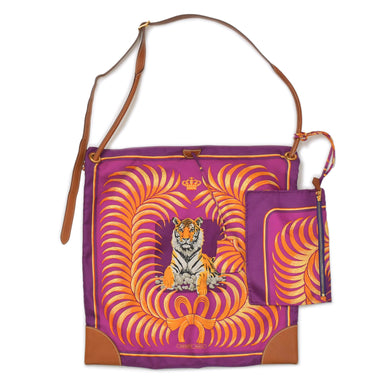 HERMES エルメス シルキーシティPM 王者の虎 TIGRE ROYAL ショルダーバッグ □L刻印 シルク レザー パープル ブラウン 美品 中古 4b009104