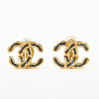 極美品 CHANEL シャネル イヤリング ココマーク チェーン柄 両耳 02P刻印 10.6g メタル ブラック ゴールド金具 中古 4b009605