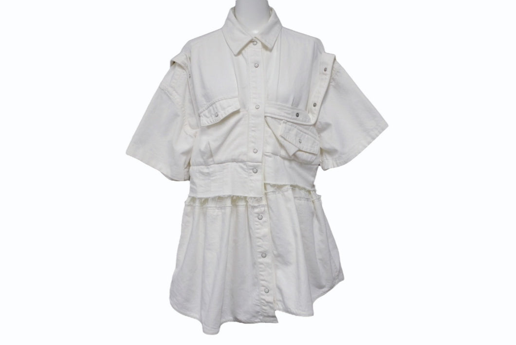 Sacai サカイ ワンピース 半袖シャツ ドレス ボタン コットン ホワイト シルバー金具 美品 中古 4b004526