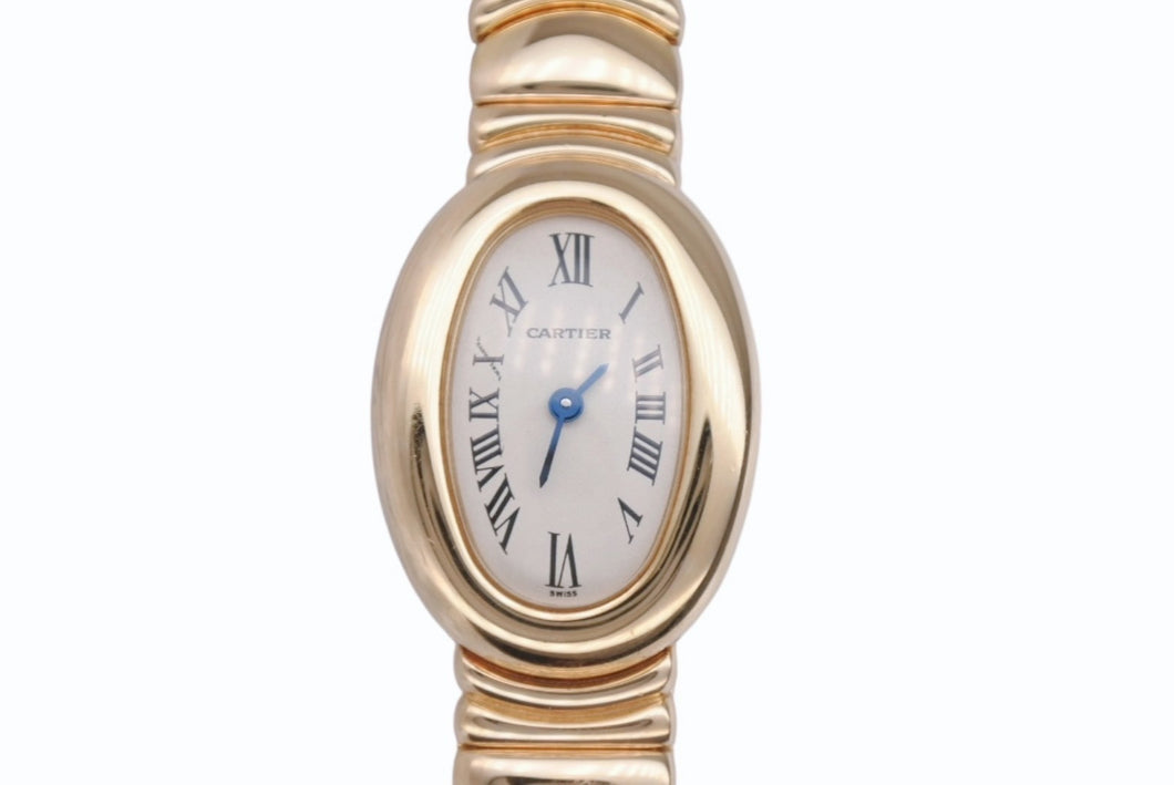 極美品 CARTIER カルティエ BAIGNOIRE MINI ミニ ベニュワール 腕時計 W15109D8 重量約66.0g 金無垢 白文字盤 防水ケース クォーツ 中古 4b006172