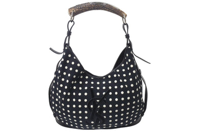 YVES SAINT LAURENT イヴサンローラン ポルカドット モンバサ ホーボー ハンドバッグ ブラック 水玉 コットン レザー 鹿角 ワンショルダー 135202 美品 中古 4c075686