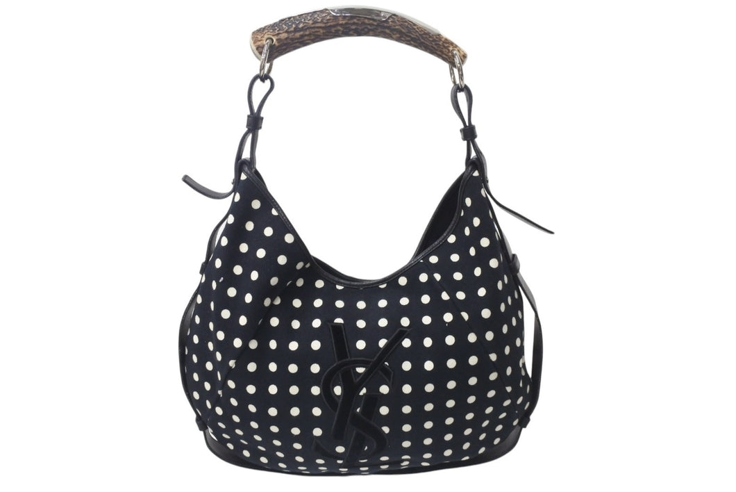 YVES SAINT LAURENT イヴサンローラン ポルカドット モンバサ ホーボー ハンドバッグ ブラック 水玉 コットン レザー 鹿角 ワンショルダー 135202 美品 中古 4c075686