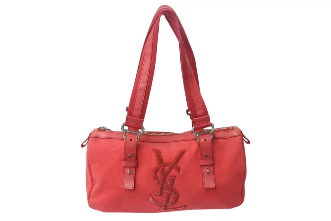 YVES SAINT LAURENT イブサンローラン ハンドバッグ トートバッグ ロゴ 129360 002404 レッド シルバー金具 美品 中古 4b000123
