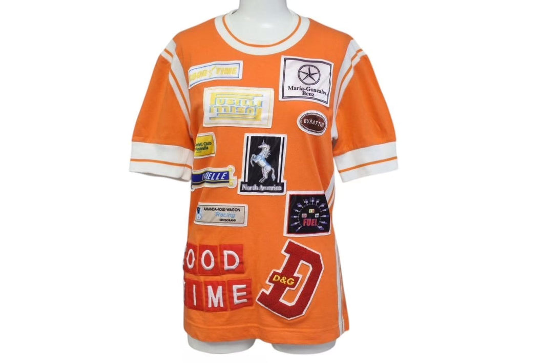 DOLCE&GABBANA ドルチェアンドガッバーナ リンガーＴシャツ サイズM パッチワーク オレンジ ホワイト コットン 美品 中古 4b000260