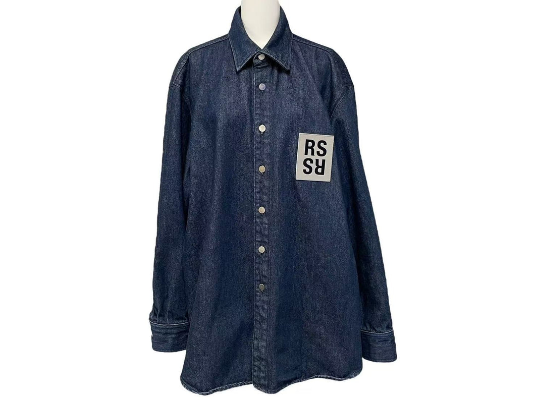 極美品 RAF SIMONS ラフシモンズ AW18/19 オーバーサイズ デニム 長袖シャツ インディゴ ロゴワッペン コットン ブルー 182-241 サイズM 中古 4b000262