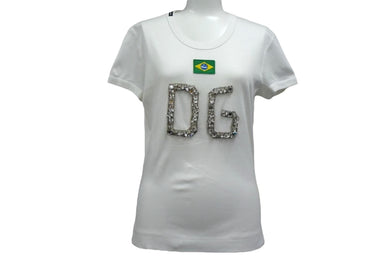 DOLCE & GABBANA ドルチェ＆ガッバーナ LIMITED EDITION ラインストーンDGロゴ 半袖Tシャツ ブラジル国旗 ホワイト サイズ42 美品 中古 4b000264