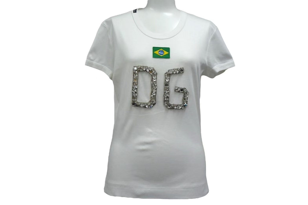 DOLCE & GABBANA ドルチェ＆ガッバーナ LIMITED EDITION ラインストーンDGロゴ 半袖Tシャツ ブラジル国旗 ホワイト サイズ42 美品 中古 4b000264