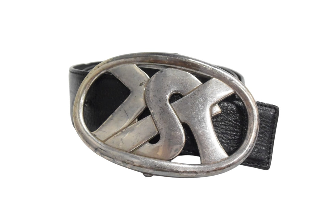 Yves Saint Laurent イヴサンローラン ベルト バックル ブランドロゴ ヴィンテージ加工 レザー メタル ブラック 美品 中古 4b000687