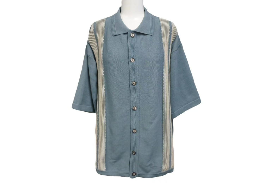 新品未使用 KAPITAL キャピタル 14G 綿ニット テネシーアロハポロ 半袖シャツ ブルー系 コットン ナイロン サイズ3 中古 4b000698