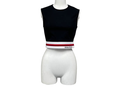 MIUMIU ミュウミュウ クロップド トップス タンクトップ ノースリーブ MJT638 サイズXS ボーダー ロゴ ブラック 美品 中古 4b000941