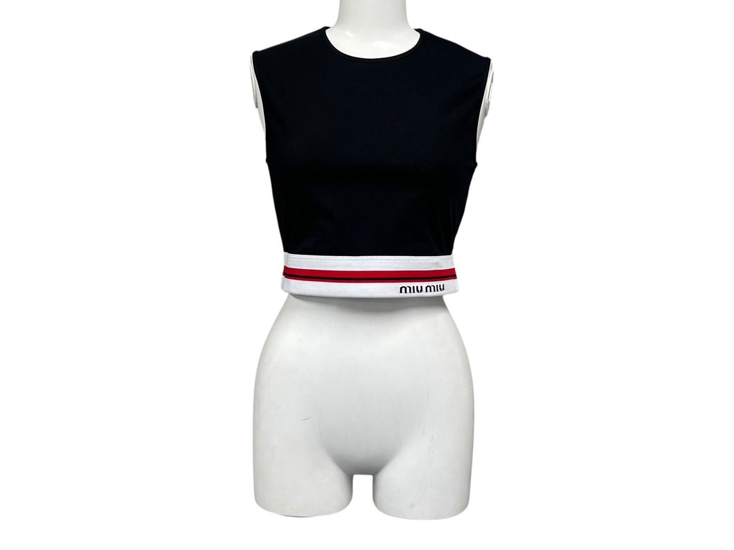 MIUMIU ミュウミュウ クロップド トップス タンクトップ ノースリーブ MJT638 サイズXS ボーダー ロゴ ブラック 美品 中古 4b000941