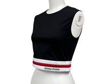 画像をギャラリービューアに読み込む, MIUMIU ミュウミュウ クロップド トップス タンクトップ ノースリーブ MJT638 サイズXS ボーダー ロゴ ブラック 美品 中古 4b000941