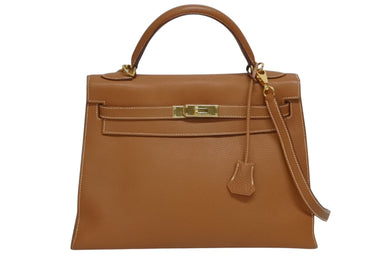 極美品 HERMES エルメス ケリー32 外縫い ゴールド □H刻印 ゴールド金具 トリヨンクレマンス ハンドバッグ 2WAY 中古 4b010171