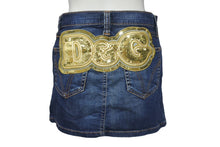 画像をギャラリービューアに読み込む, DOLCE&amp;GABBANA ドルチェアンドガッバーナ デニムスパンコールロゴミニスカート ブルー ゴールド コットン 24/38 美品 中古 4b001344