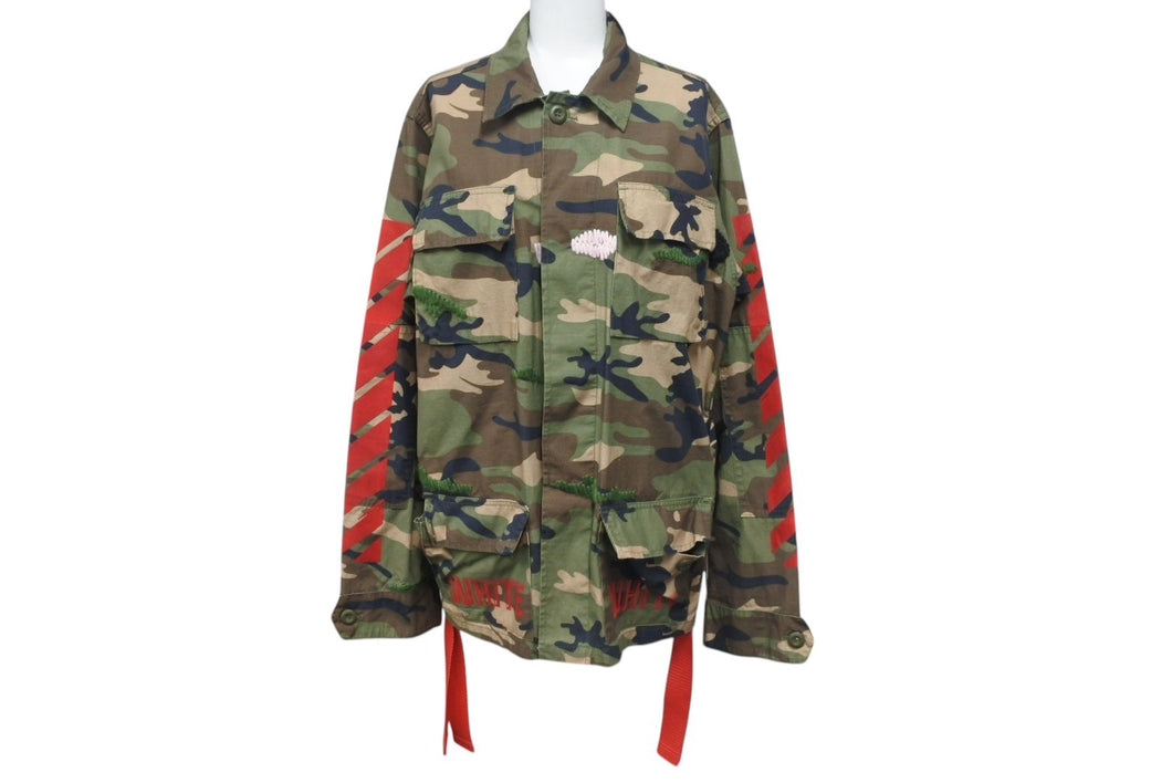 OFF WHITE オフホワイト 15AW バックアローカモ柄ミリタリージャケットブルゾン コットン グリーン レッド サイズXXS 美品 中古 4b001480