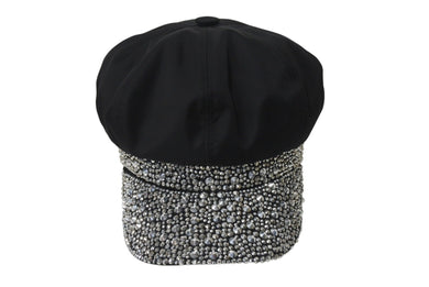 極美品 PRADA プラダ ベイカーボーイキャップ キャスケット トライアングルロゴ ラインストーン装飾 1HC551 ブラック S 中古 4b001578