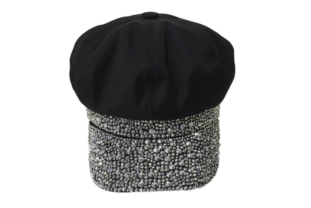 極美品 PRADA プラダ ベイカーボーイキャップ キャスケット トライアングルロゴ ラインストーン装飾 1HC551 ブラック S 中古 4b001578