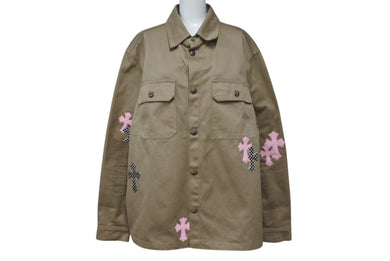 極美品 CHROMEHEARTS クロムハーツ Work Dog ワークドッグシャツジャケット クロスボタン ベージュ ピンク サイズXL 中古 4b001605