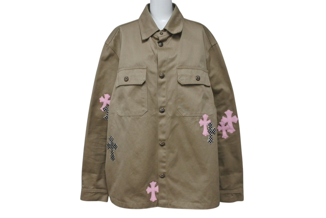 極美品 CHROMEHEARTS クロムハーツ Work Dog ワークドッグシャツジャケット クロスボタン ベージュ ピンク サイズXL 中古 4b001605
