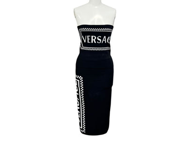 極美品 VERSACE ヴェルサーチ ロゴストラップレス クロップドブラトップ A83290 ニットペンシルスカート A83291 セットアップ サイズ36 中古 4b001678