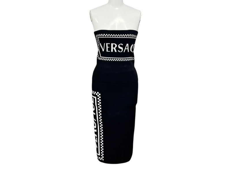 極美品 VERSACE ヴェルサーチ ロゴストラップレス クロップドブラトップ A83290 ニットペンシルスカート A83291 セットアップ サイズ36 中古 4b001678