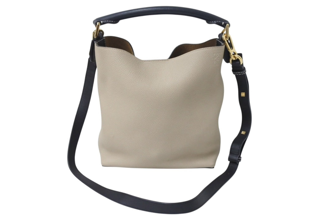 極美品 LOEWE ロエベ 2WAYハンドバッグ Tバケットスモール ソフトグレインドカーフレザー サンド ブラック ゴールド 美品 中古 4b001731