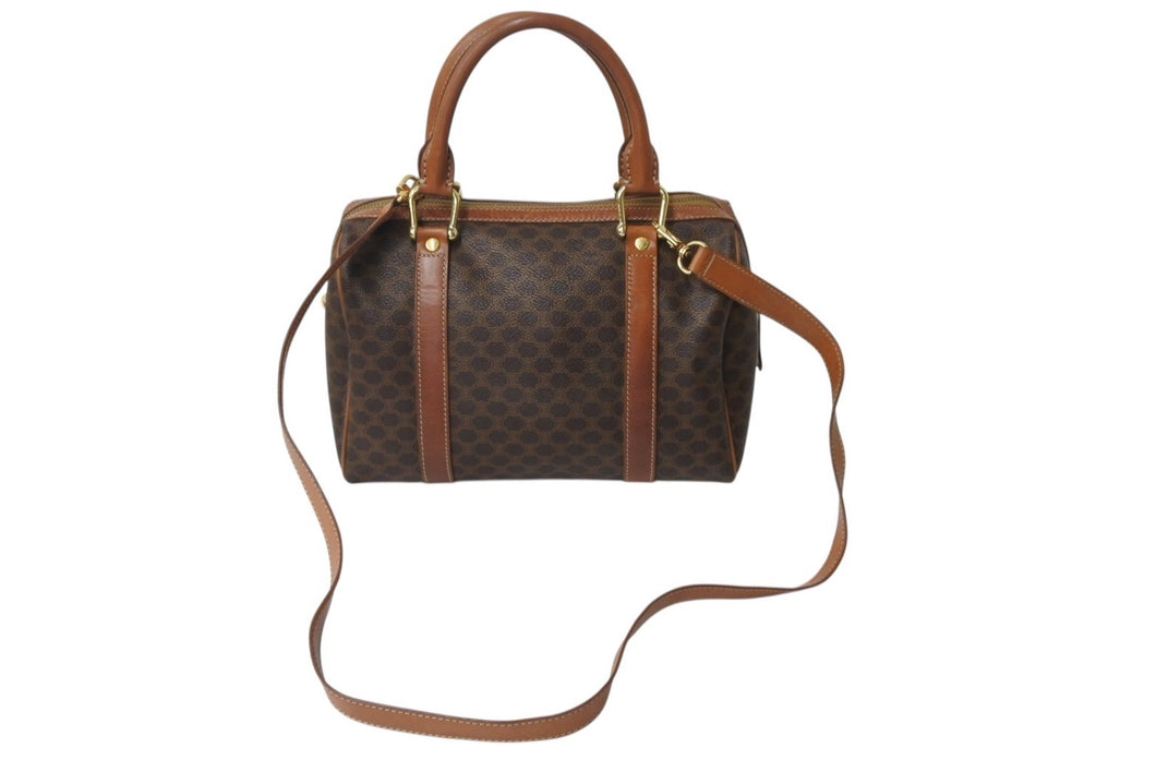 CELINE セリーヌ ミニボストン ハンドバッグ DM00/1 マカダム柄 PVCレザー ブラウン ゴールド金具 良品 中古 4b001759